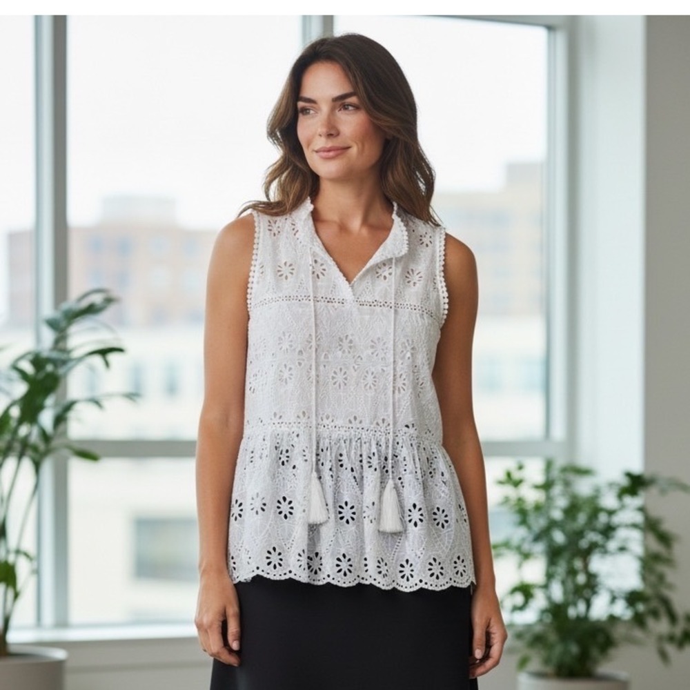 Kate Spade New York White Eyelet Peplum‎ Sleeveless Top Tassel Tie Size S